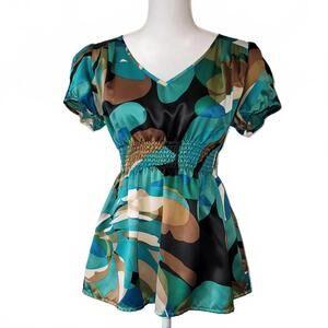 Worthington Womens Satin Pleated Cinch Waist Blouse Geometric Top Turqoise M